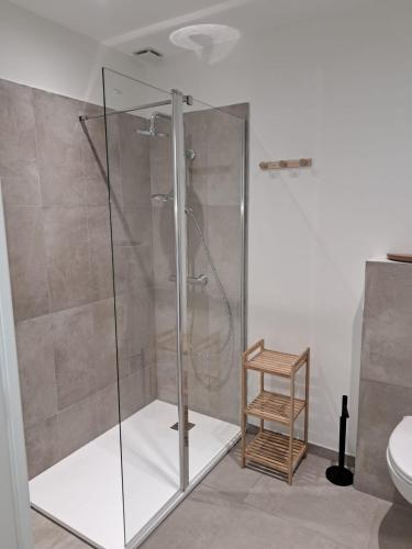 une douche avec une porte vitrée dans une salle de bain dans l'établissement Grange La Roca Masia, à Assier