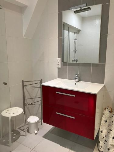 La salle de bains est pourvue d'un lavabo rouge et d'un miroir. dans l'établissement A L Ombre du Tilleul, à Tour-de-Faure