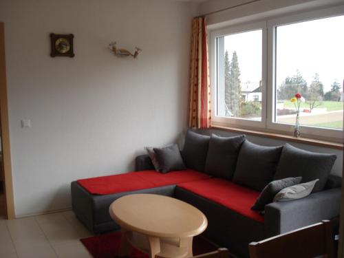 a living room with a couch and a window at Ferienwohnungen Simon - Hauserhof in Oberperfuss