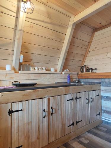 a kitchen with wooden cabinets and a sink in a cabin at Etno SELO Uskoci in Uskoci
