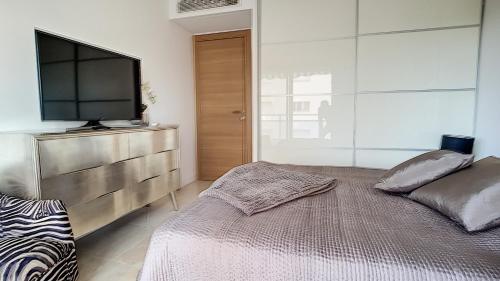 une chambre avec un lit et une télévision à écran plat dans l'établissement Bright 2-Bedroom apartment with terrace & parking, à Cannes