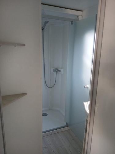une salle de bain avec une douche avec une porte vitrée dans l'établissement Mobil Home dans Camping 4 étoiles, à Valras-Plage