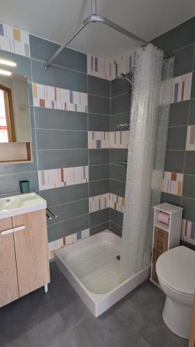 une salle de bain avec une baignoire, des toilettes et un lavabo dans l'établissement Studio privé avec entrée indépendante, à Saint-Raphaël