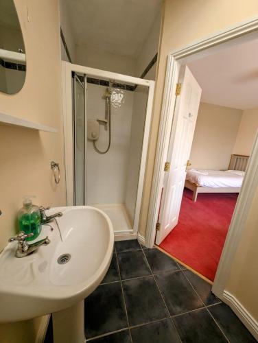 a bathroom with a white sink and a shower at Large 4 Bedroom 5 Bathroom Property in Galway