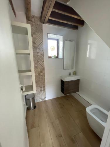 une salle de bain avec un lavabo et un miroir dans l'établissement Chambre dans coloc filles dans maison avec jardin proche gare RER, Évry-Courcouronnes