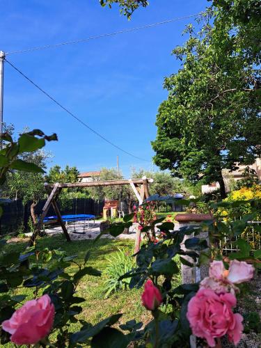 a garden with pink roses and a wooden arch at La casa di Memy in Gualdo Tadino
