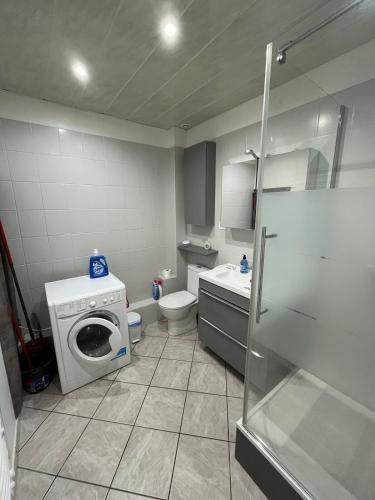 une salle de bain avec machine à laver et toilettes dans l'établissement Petite maison de ville, au Mans