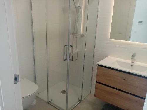 a bathroom with a shower and a toilet and a sink at Villa San Benito in Los Montesinos