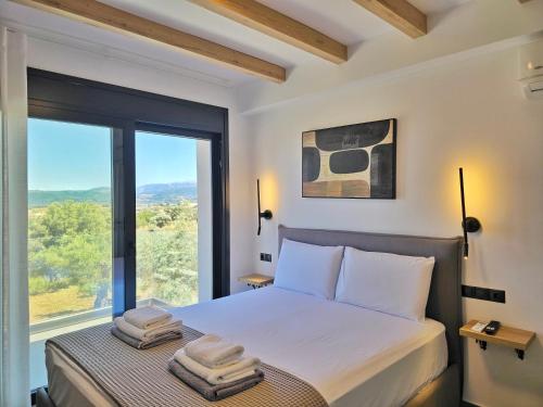 a bedroom with a bed and a large window at Nemesis Luxury Villas in Apolpaina