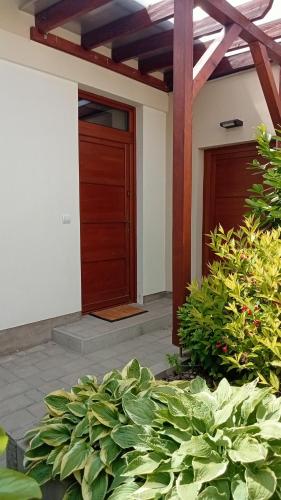 a house with a wooden door and some plants at Bíbic Apartman A in Kápolnásnyék