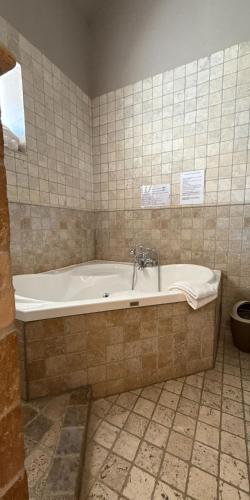 a bath tub with a faucet in a bathroom at Manoir Des Douets Fleuris in Cancale