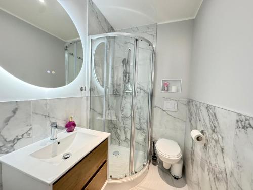 a bathroom with a shower and a sink and a toilet at Hélios Plage in Berck-sur-Mer