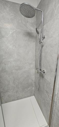 une douche avec une porte vitrée dans une salle de bain dans l'établissement Chez Francis, Avignon Centre, à Avignon