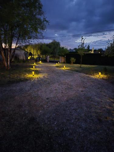 un groupe de lumières dans une cour la nuit dans l'établissement Chez Monique - Mur de Sologne - 8 personnes, à Mur-de-Sologne