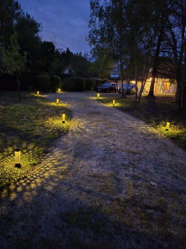 un groupe de feux dans un champ la nuit dans l'établissement Chez Monique - Mur de Sologne - 8 personnes, à Mur-de-Sologne