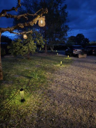 un groupe de lumières suspendues à un arbre dans un champ dans l'établissement Chez Monique - Mur de Sologne - 8 personnes, à Mur-de-Sologne