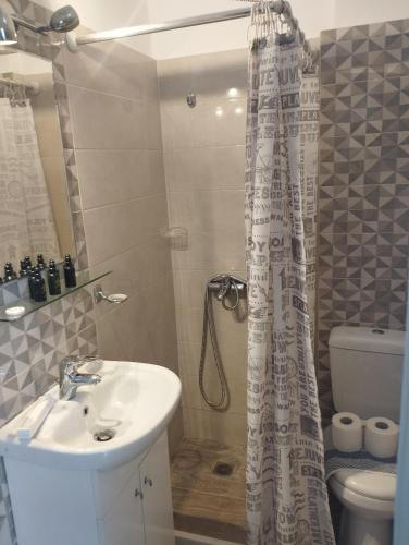 a bathroom with a sink and a shower curtain at Angelika Inn in Longá