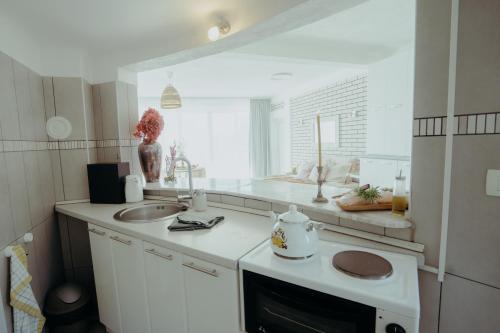 a white kitchen with a sink and a counter at Mahakala Center in Petrovac na Moru