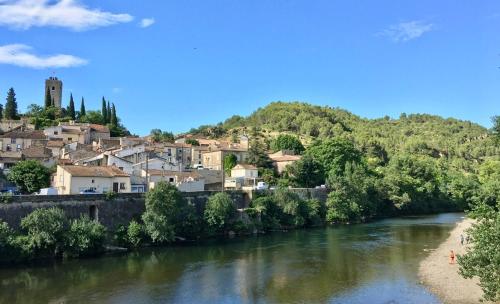 une vue sur une rivière avec une ville en arrière-plan dans l'établissement Les échelles, à Cessenon