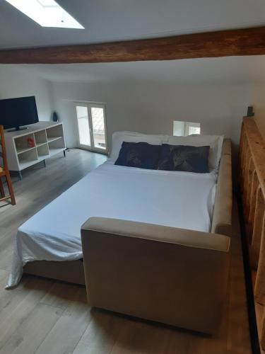 une chambre avec un grand lit dans une pièce dans l'établissement Les échelles, à Cessenon