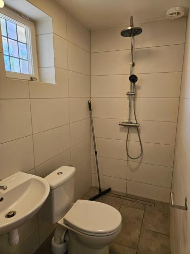 a bathroom with a shower and a toilet and a sink at Strandvillan i Slite in Slite