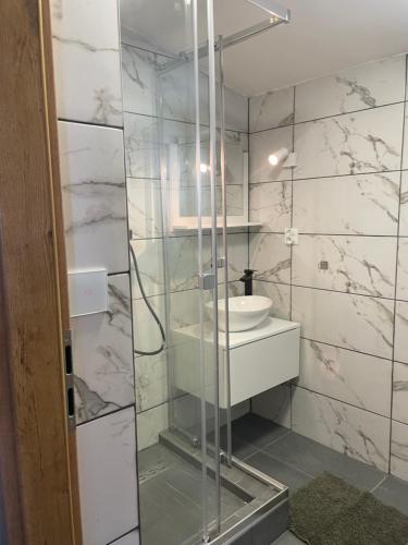 a bathroom with a glass shower with a sink at Maxi'Seeblick Apartments in Seeboden