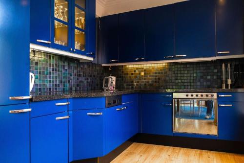 a blue kitchen with blue cabinets and a stove at Verdronkenoord57 in Alkmaar