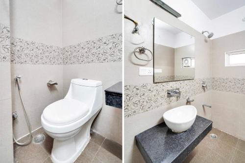 two pictures of a bathroom with a toilet and a sink at Townhouse Oak Durgapura Railway Junction in Jaipur