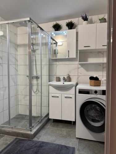 a bathroom with a washing machine and a washer at Apartman Family Aleksandrov in Néa Meságkala