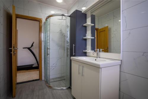 a bathroom with a sink and a shower at Capital Stay in Sarajevo