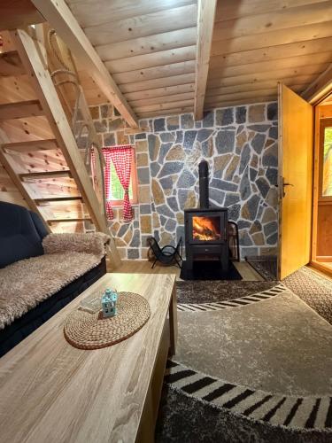 a living room with a fireplace in a log cabin at WildBeauty Grebaje in Vusanje