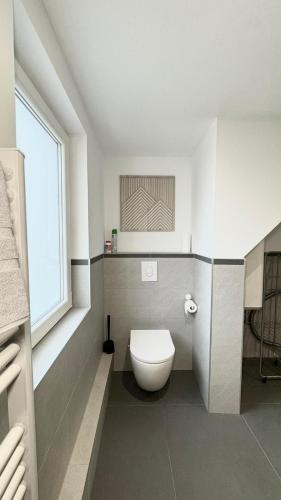a bathroom with a white toilet and a window at Charmant appartement 3 pièces proche hyper centre Strasbourg in Strasbourg