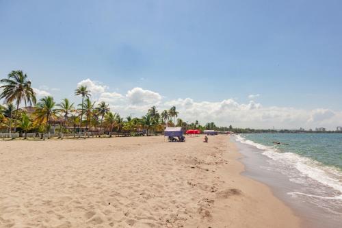 a sandy beach with palm trees and the ocean at Casa de Playa Manecal in Coveñas
