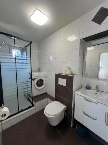 y baño con aseo, lavabo y lavadora. en Rhein Apart 1 near Cologne Messe, en Colonia