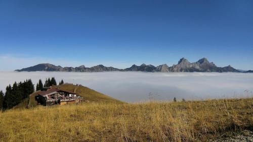 a house on top of a hill above a fog covered mountain at Allgaeuer-Landhaus-Stocker in Hopferau