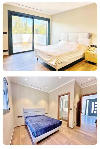 une chambre avec un lit et une grande fenêtre dans l'établissement Villa Riviera, à La Celle-sous-Gouzon