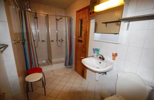 ein Badezimmer mit Waschbecken und Dusche in der Unterkunft Chalet Dalecarlia in Nendaz