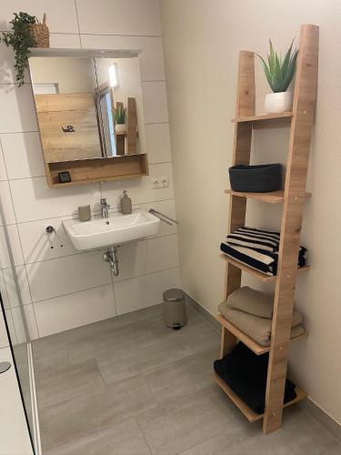 a bathroom with a sink and a shelf with towels at Ferienwohnung Apartment Herrnwahlthann in Hausen