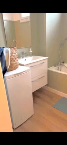 une salle de bain avec un lavabo, un miroir et une baignoire dans l'établissement L'Iris Provençal, Avignon France, à Avignon