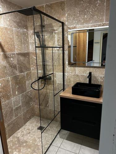 une salle de bain avec douche et lavabo dans l'établissement Maison saint cyprien plage, à Saint-Cyprien