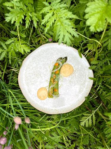 a plate with food on it sitting on the grass at Maison Zugno Hôtel & Spa in Barretaine