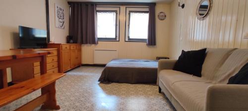 un salon avec un canapé et une télévision dans l'établissement Studio spacieux au pied des pistes sans vue, à Orcières