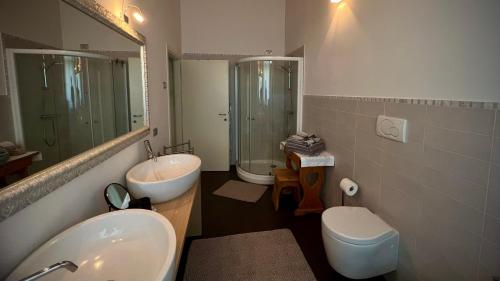 a bathroom with a sink and a shower and a toilet at Casa al Molino - Il Nido in Drena