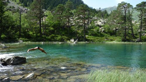 a person jumping into a river in a body of water at Hôtel Les Templiers in Luz-Saint-Sauveur