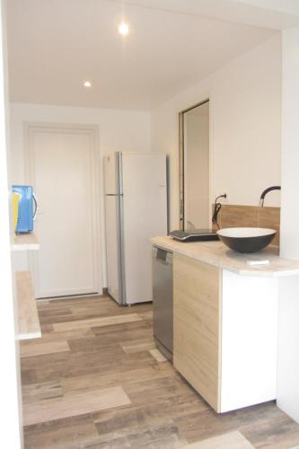 a kitchen with a sink and a refrigerator at Studio vue mer dans le centre de Crozon in Crozon