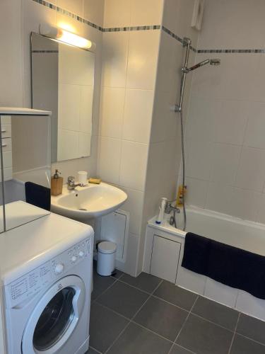 une salle de bain avec une machine à laver et un lavabo dans l'établissement F3 balcons St Jean de Luz, à Saint-Jean-de-Luz