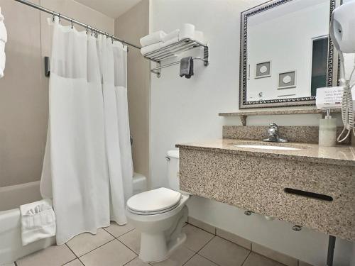 a bathroom with a toilet and a sink and a mirror at Beautiful Two Bedroom, Two Bath Condo at Sailport in Tampa
