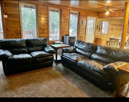 a living room with a leather couch and a table at sequoia National Forest CabinH in Panorama Heights