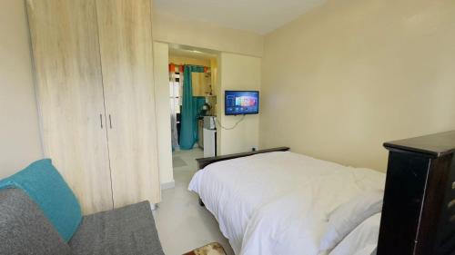 a bedroom with a bed and a tv on the wall at Studio apartment Westlands Kitisuru in Nairobi