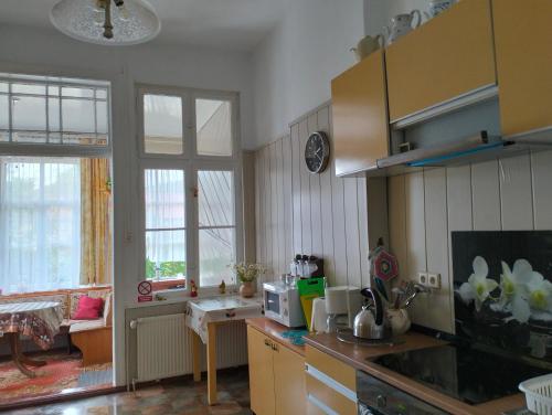 a kitchen with a counter and some windows at Willa Wiselka in Wisełka